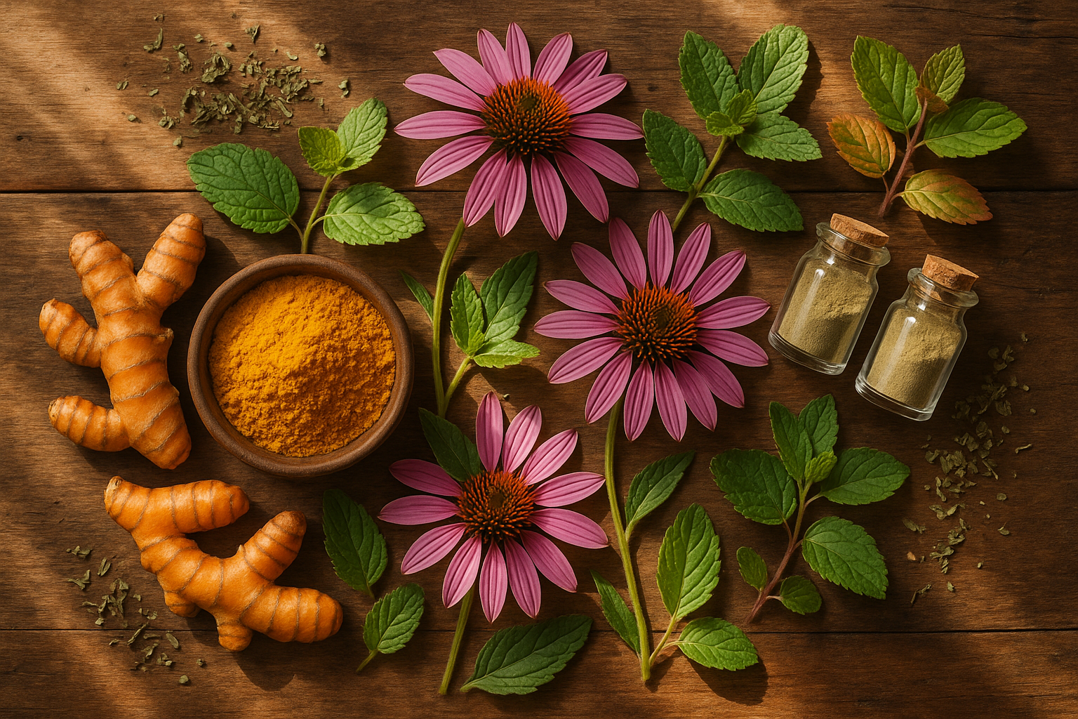 A healing or botanical-focused visual — turmeric, echinacea, or citrus herbs on wood table