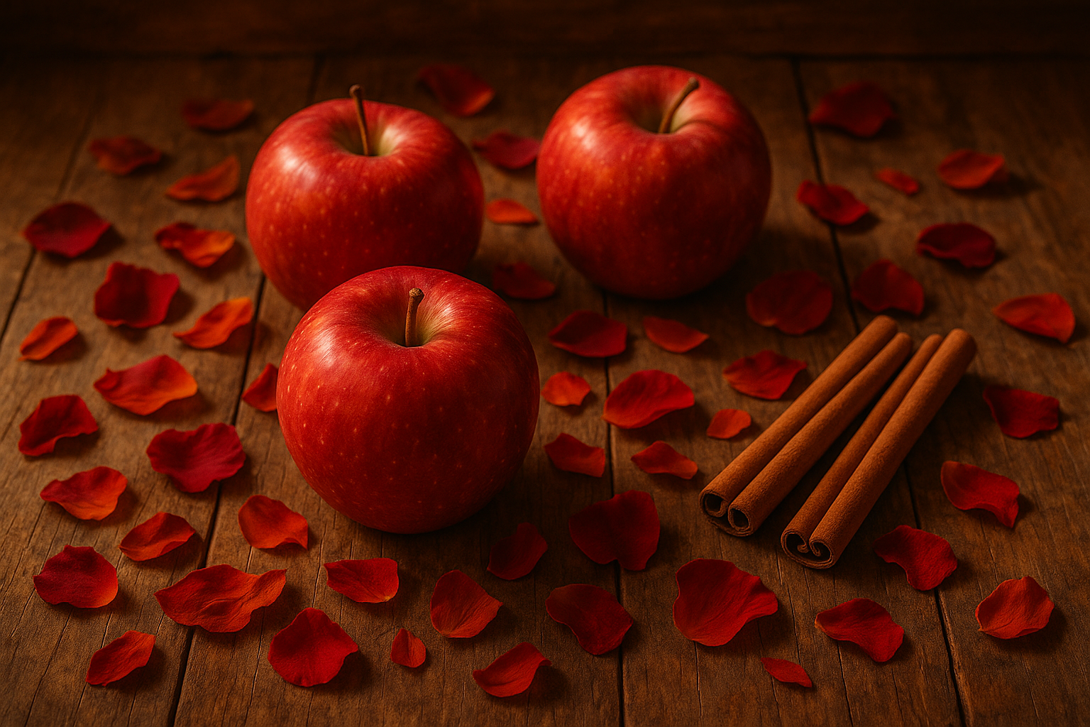 A rustic table with apples, rose petals, and cinnamon sticks — warm golden light with soft fall tones.