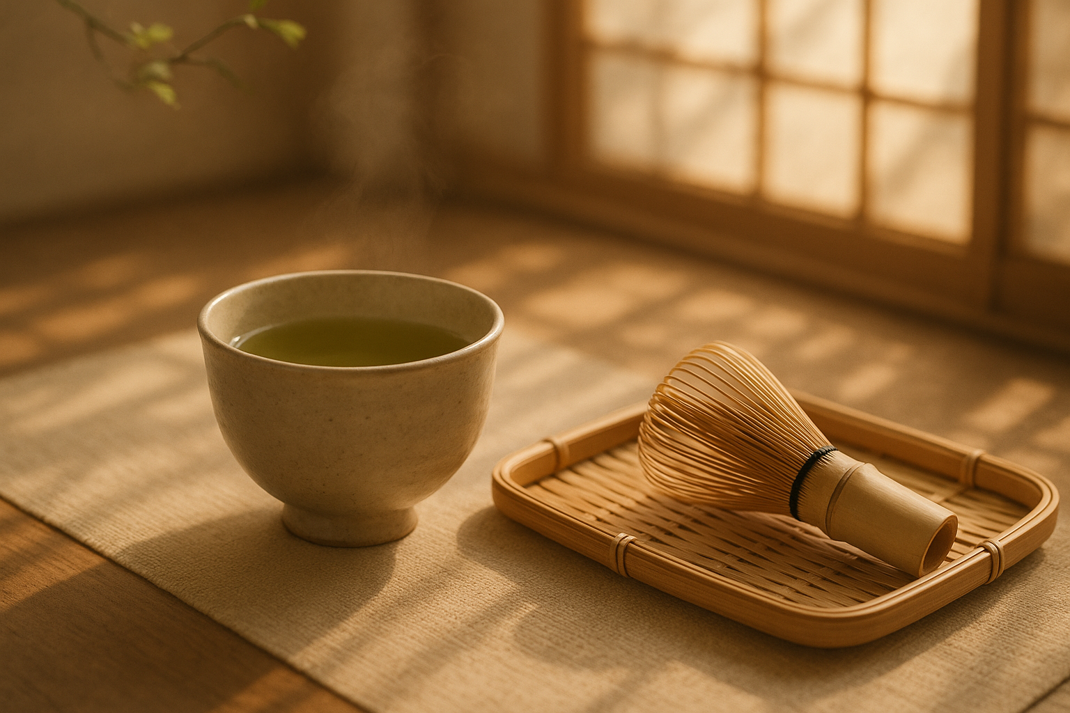 A serene Japanese tea scene — morning light, teacup near a bamboo tray