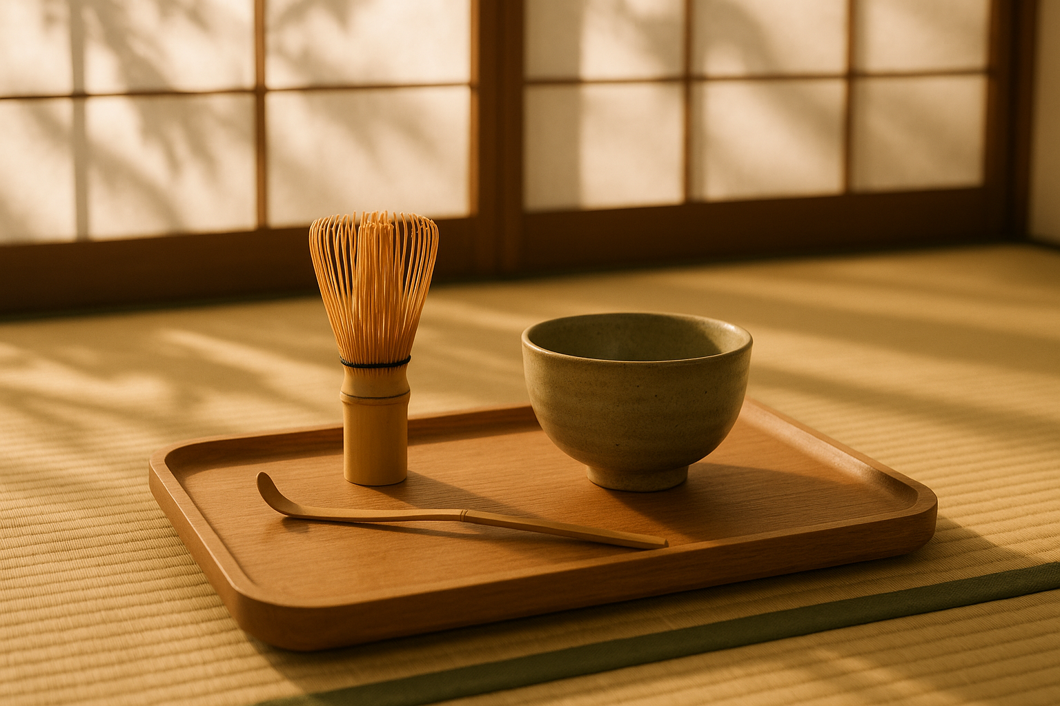 A serene Japanese tea scene — wooden tray, bamboo whisk, or morning light through shoji screens.