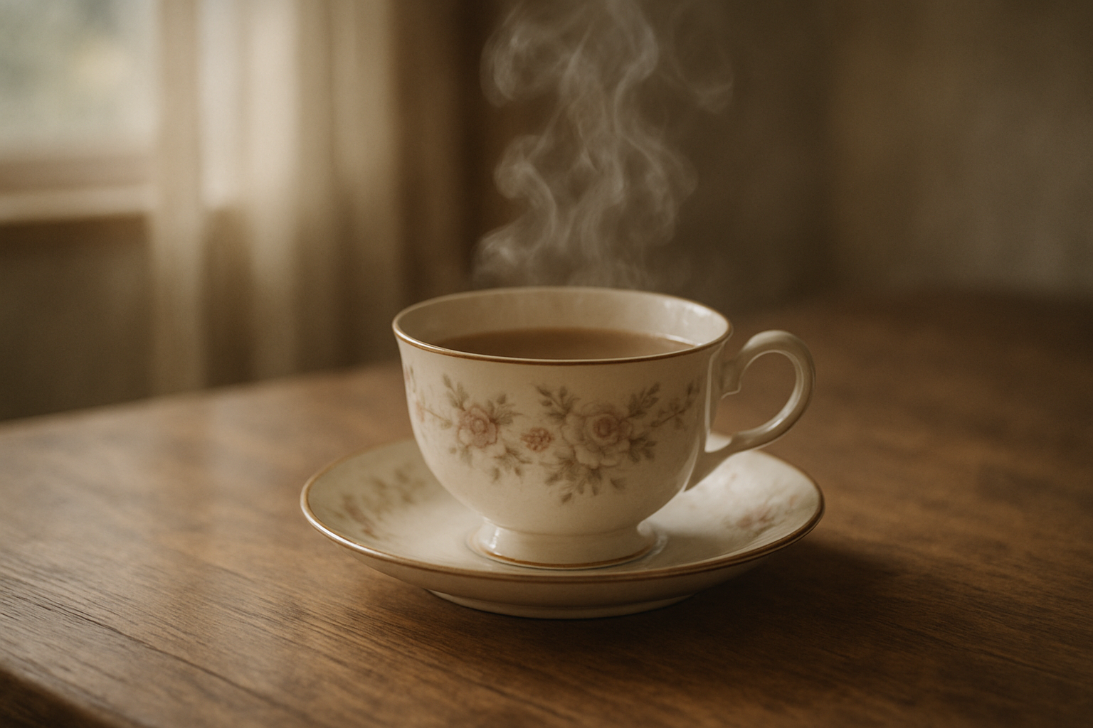 A serene tea setting (a quiet table, teacup, and steam rising)