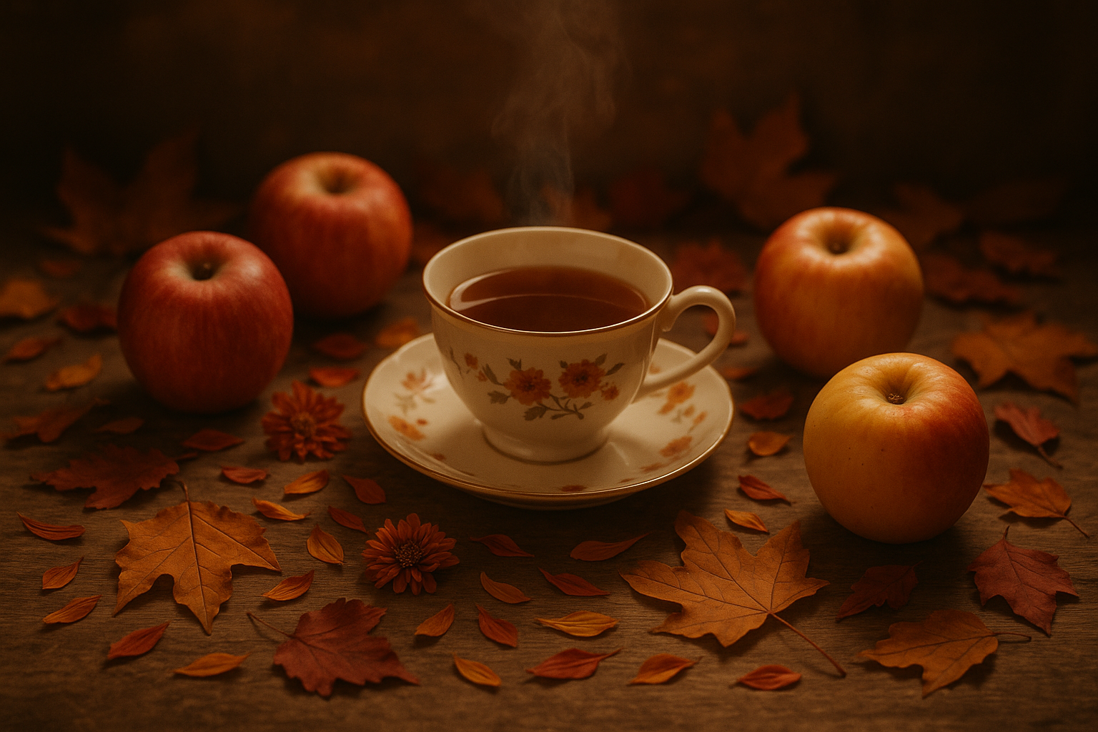 A softly lit autumn scene — tea cup surrounded by apples, petals, and leaves in warm light.