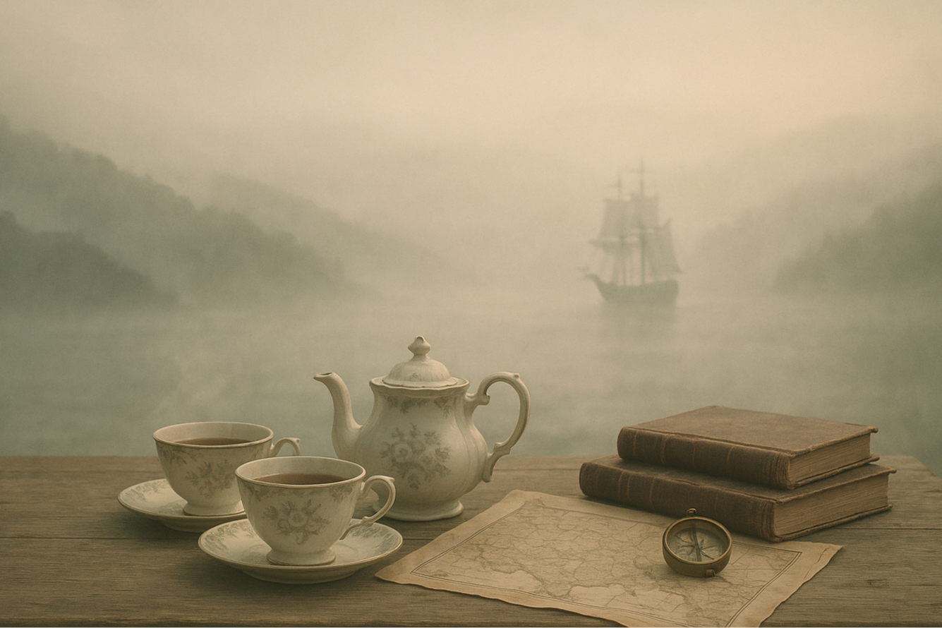 a tea scene, foggy hills, or antique voyage imagery with negative space for text