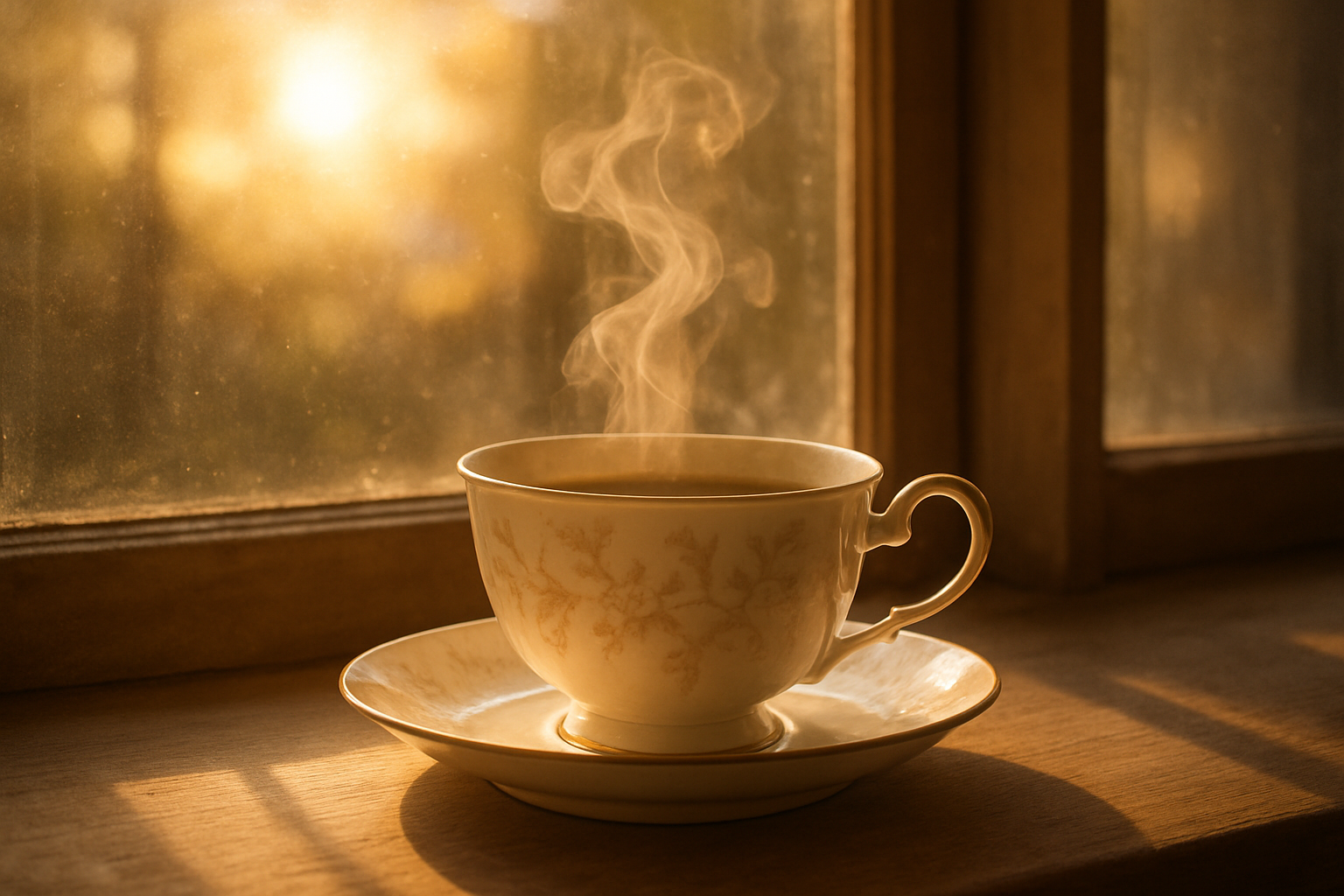 A teacup beside morning light