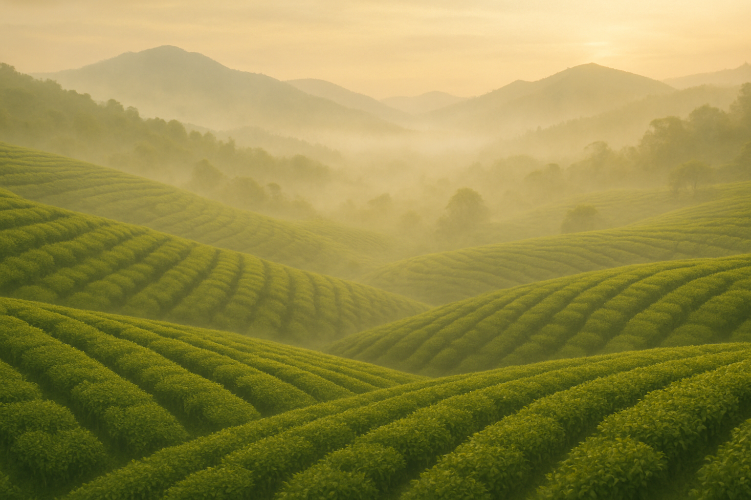 calm tea scene. a field of tea in a calm scene