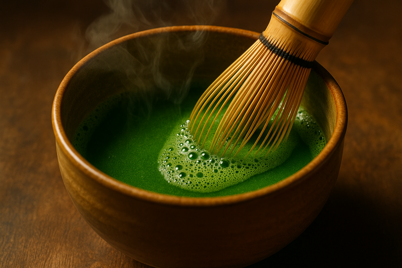 Close-up of matcha being whisked in a chawan (bowl)