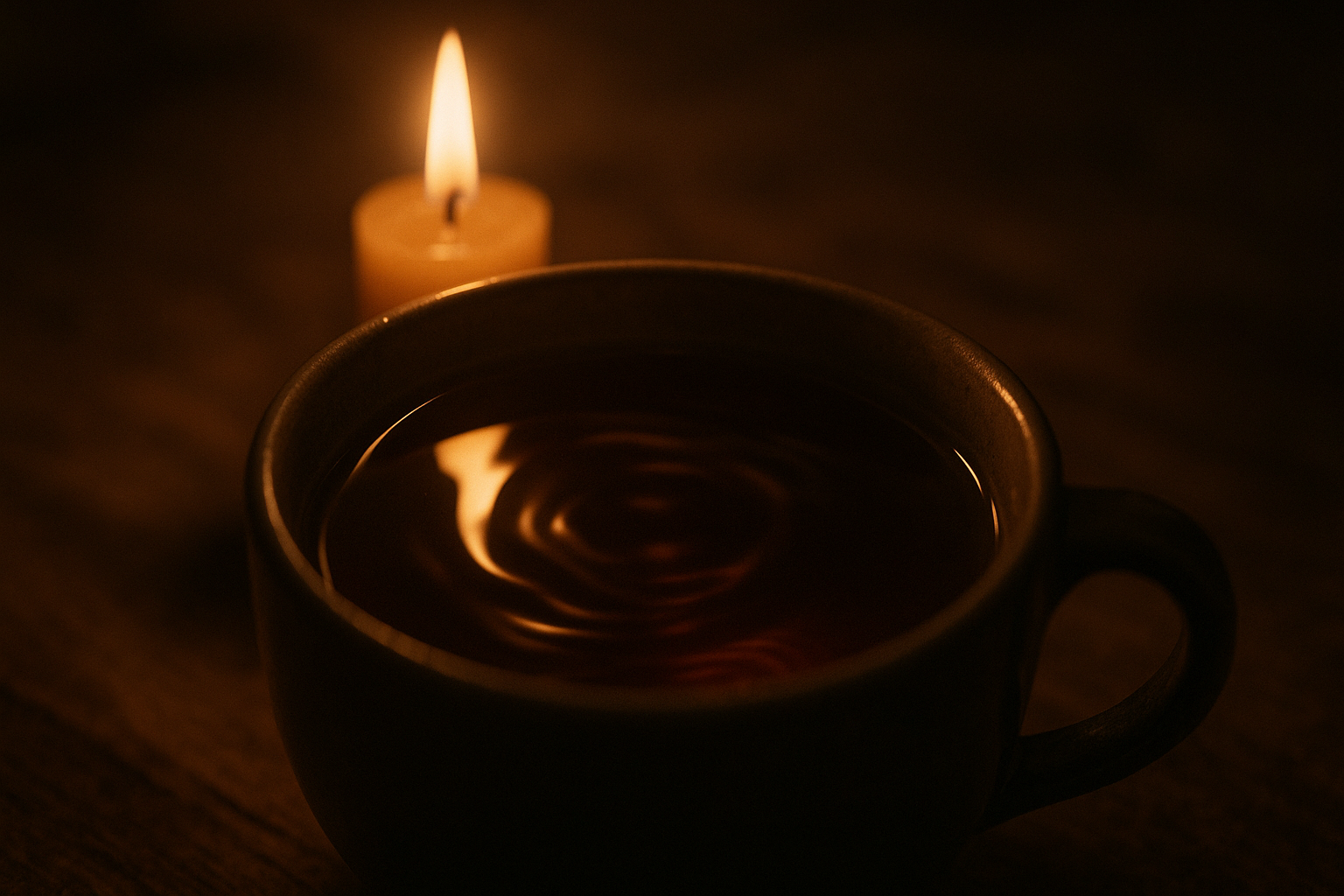 Dim, tranquil photo — candlelight reflecting on tea surface