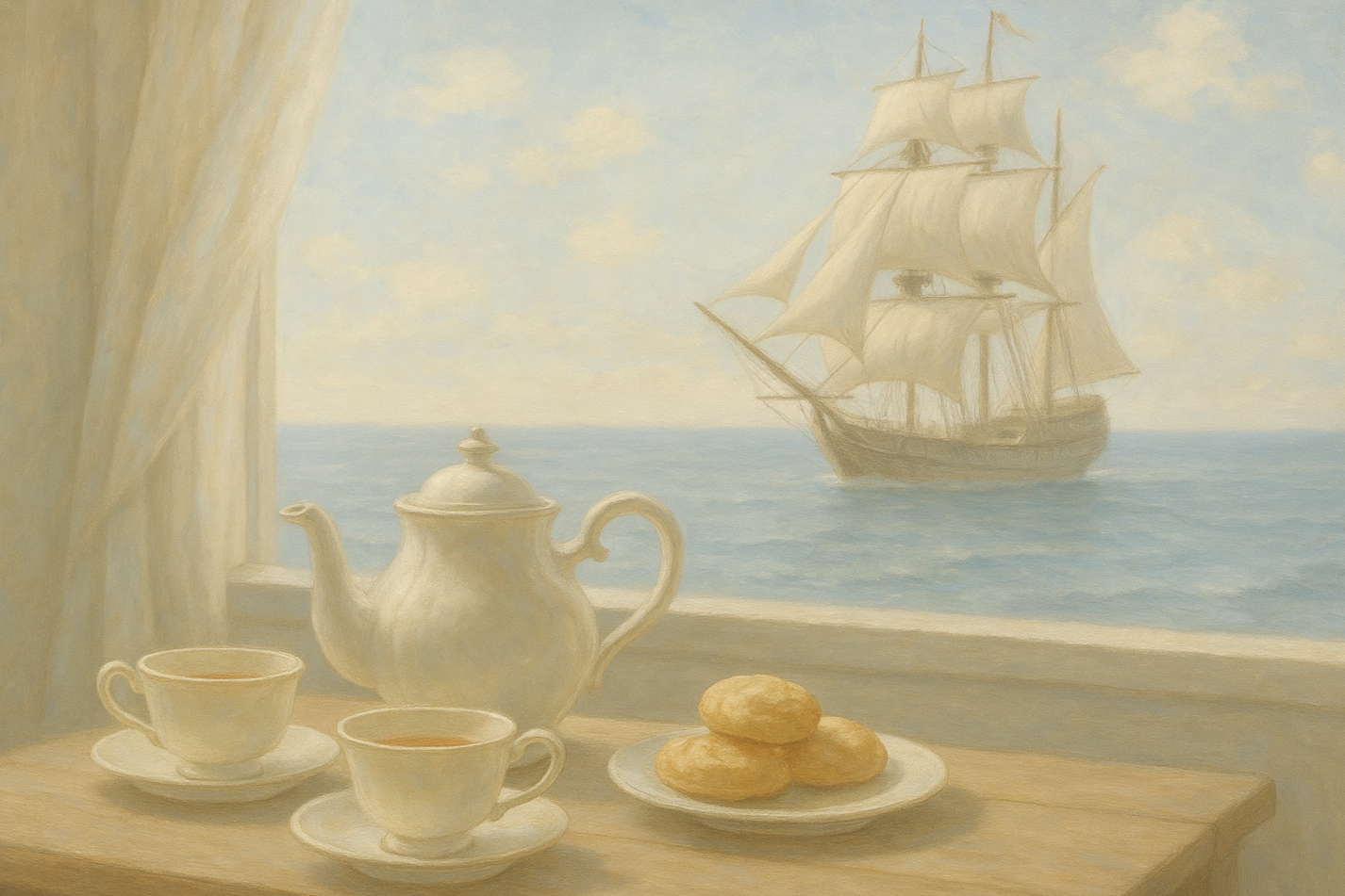 i need a peaceful tea scene overlooking a ship in the ocean similar to the voyage of 1610. need the colors of the image to be light and airy. not so heavy.