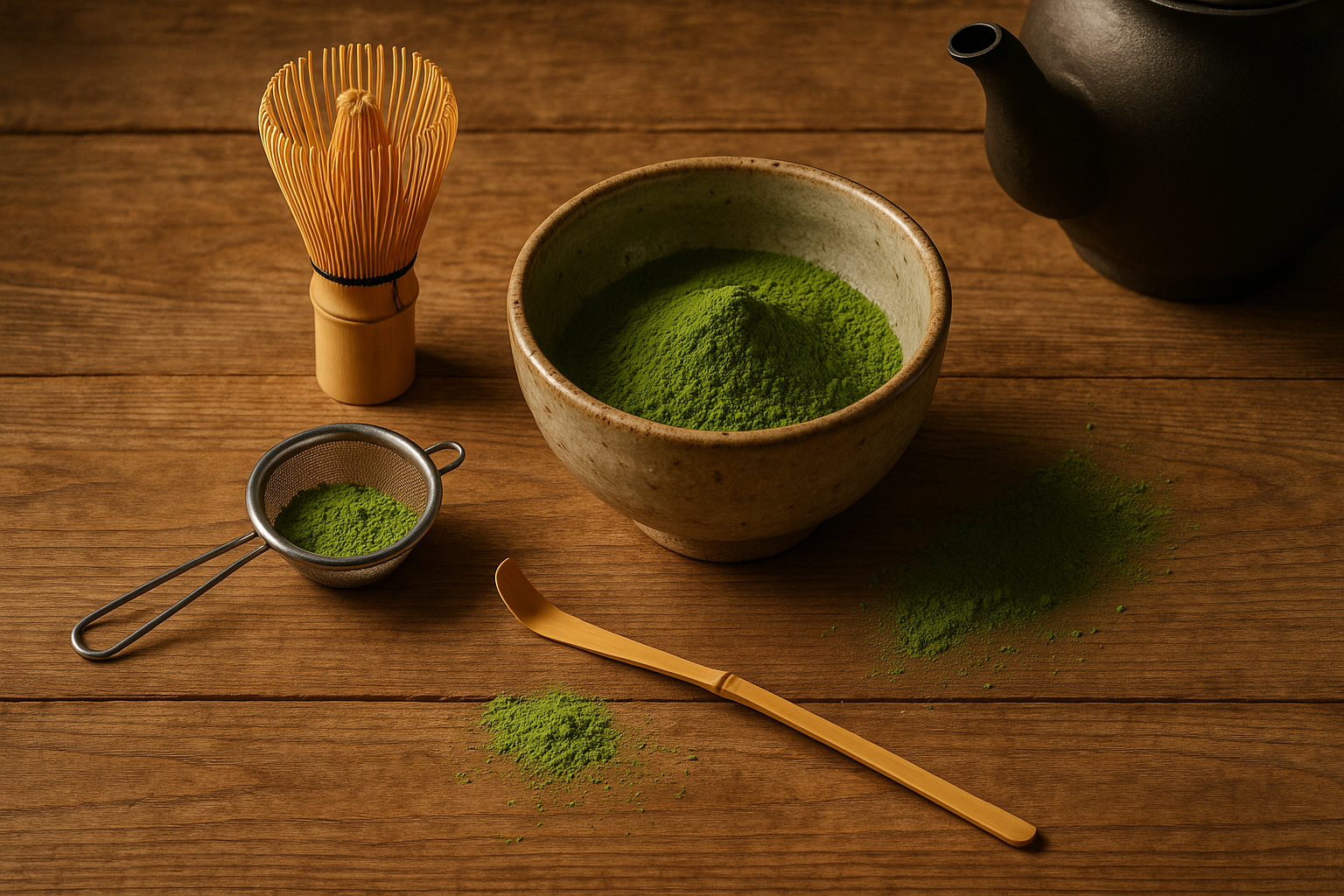 matcha prep on wooden table top
