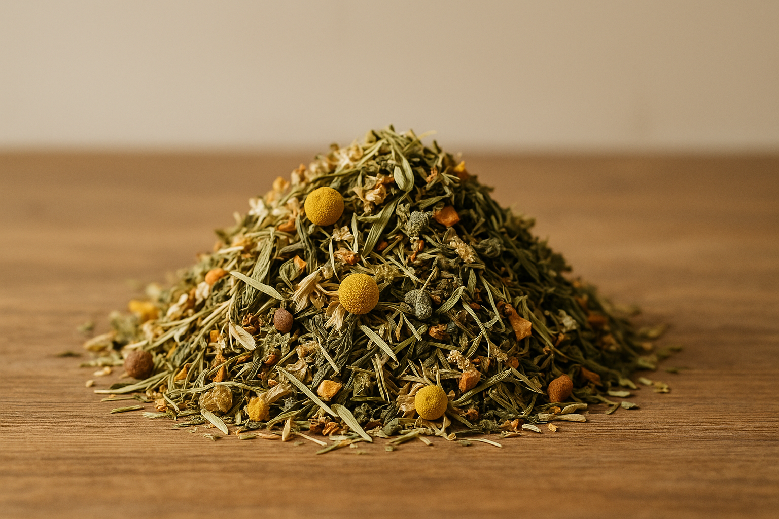 pile of tea leaves on a table for wellness teas