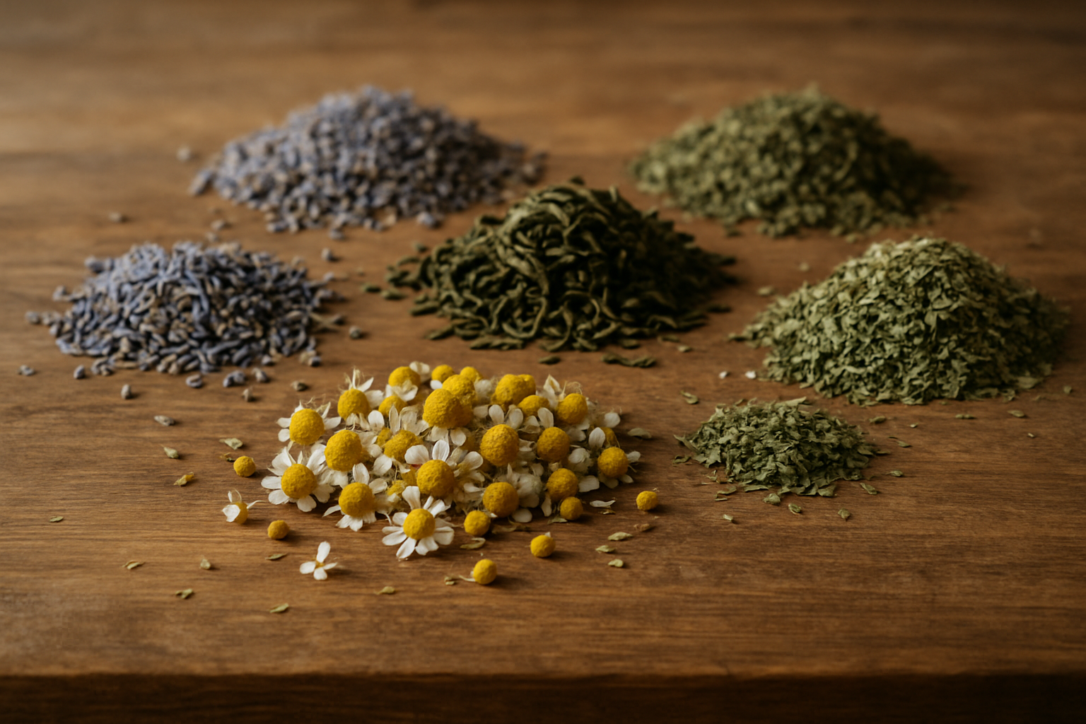 piles of teas leaves on a table. specifically calm and relaxing teas