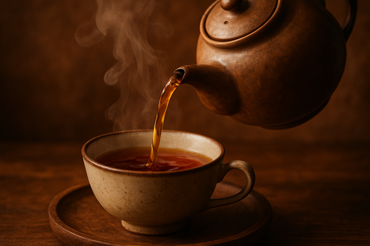 Rich, earthy tones — tea being poured into a cup with visible steam