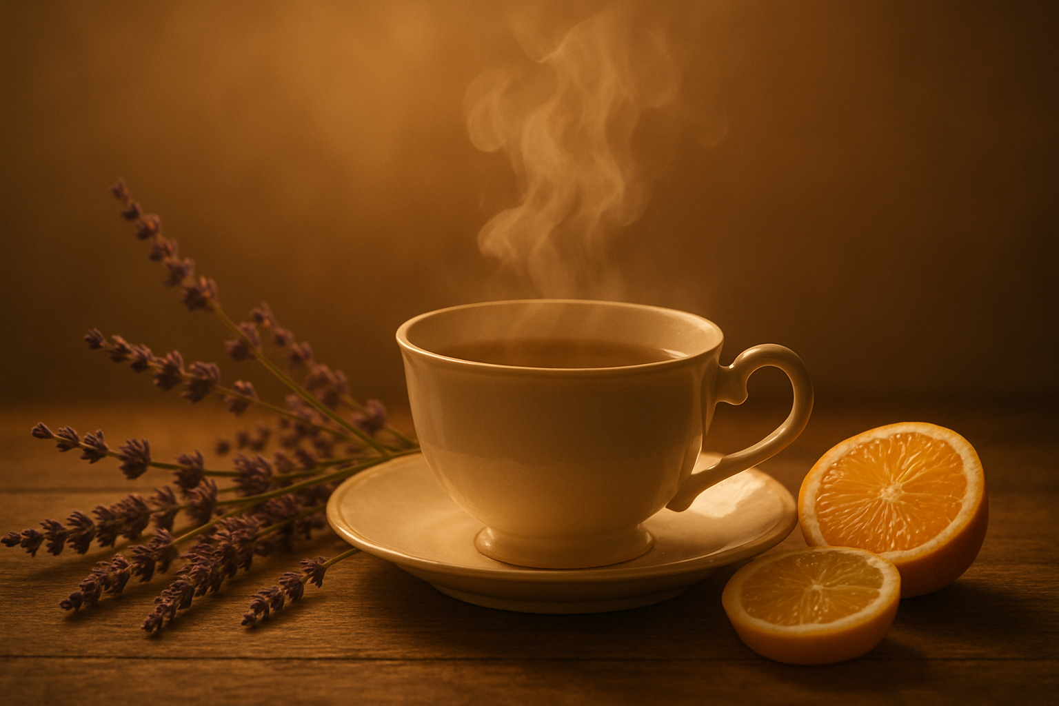 Soft evening tones — teacup with gentle steam, lavender or citrus nearby, low golden light.