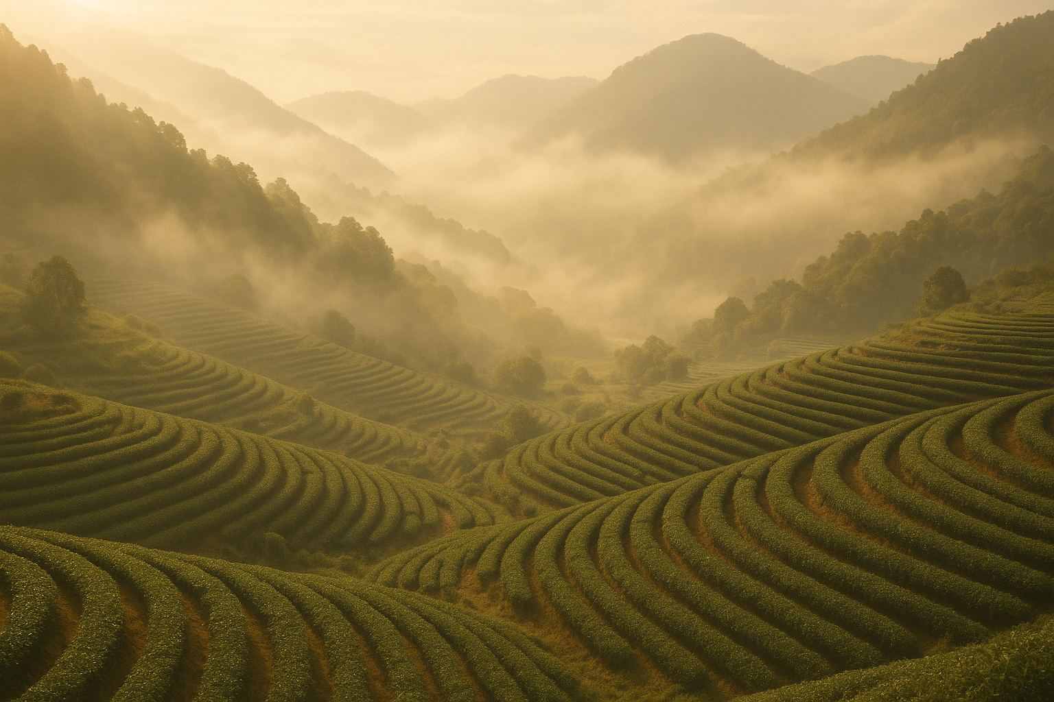 Soft light over mountain mist or terraced tea fields; a gentle, earthy color palette.