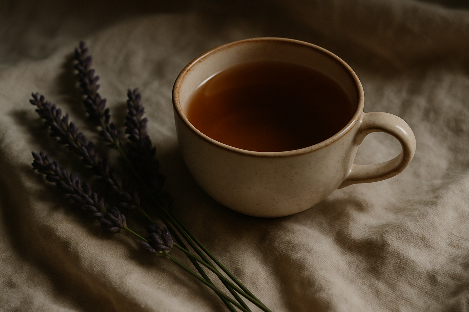 Soft, moody light — teacup on linen near lavender sprigs