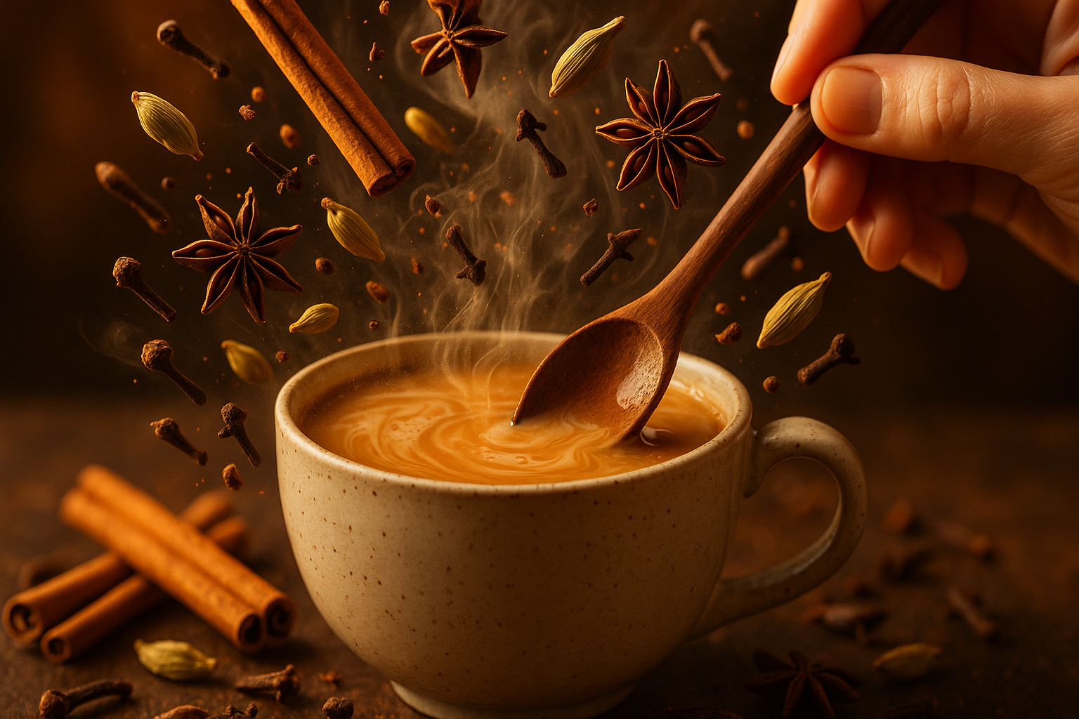 Spices in motion — perhaps a spoon stirring a cup of chai