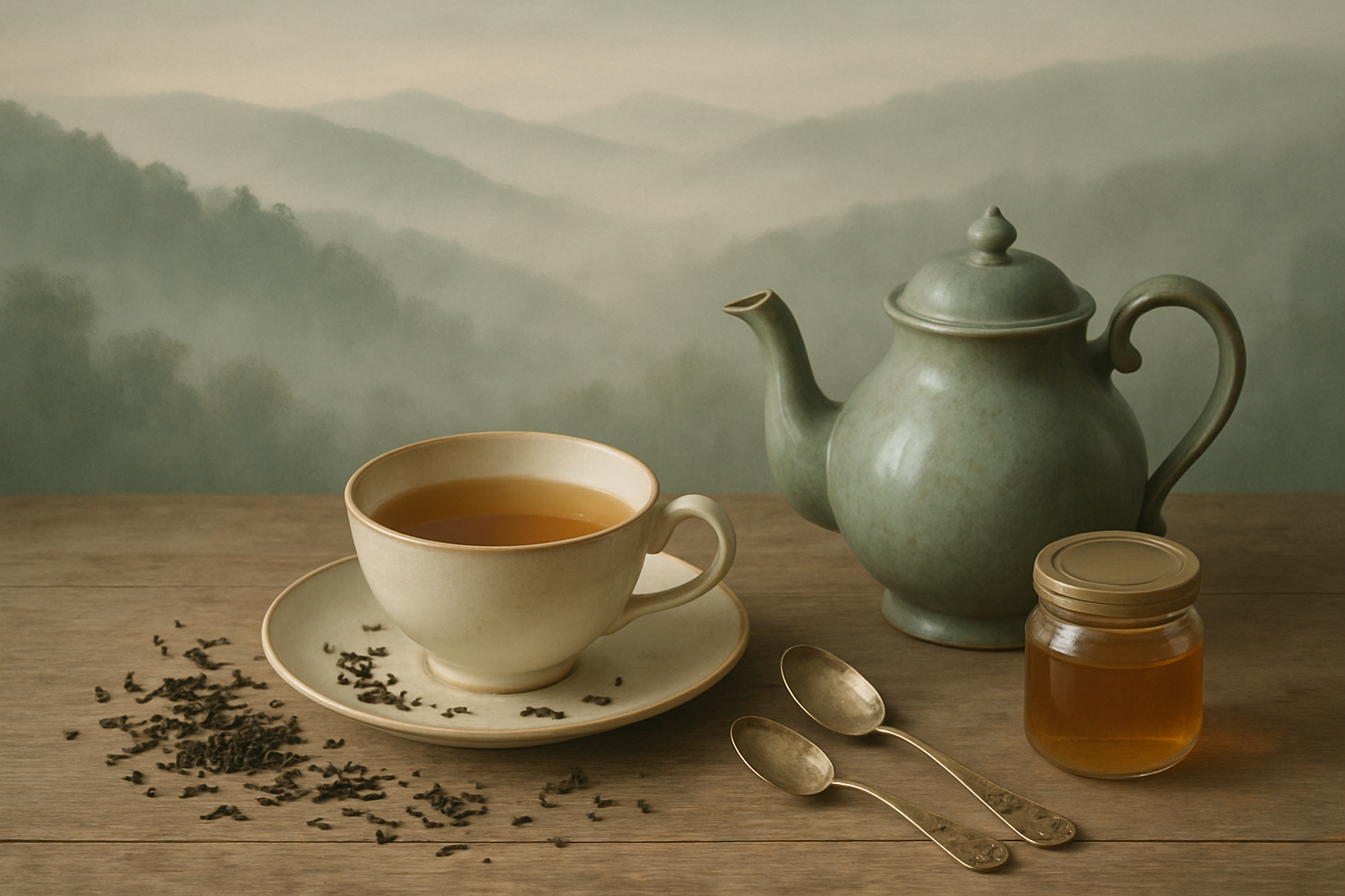 tea flat lay, misty landscape