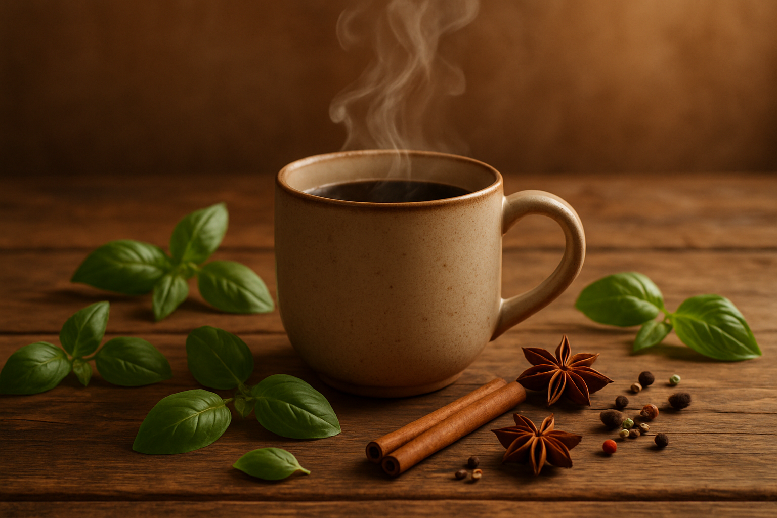 Warm natural tones — steam rising from a mug on a wooden table with scattered basil leaves or spices.
