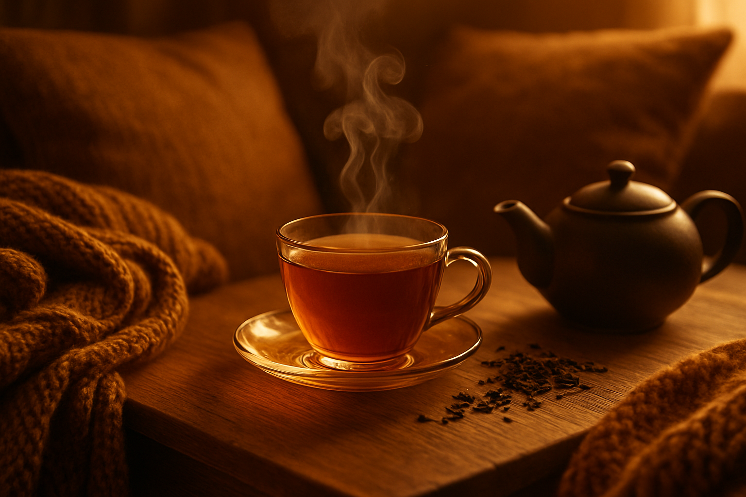 A cozy tea scene — warm amber tones