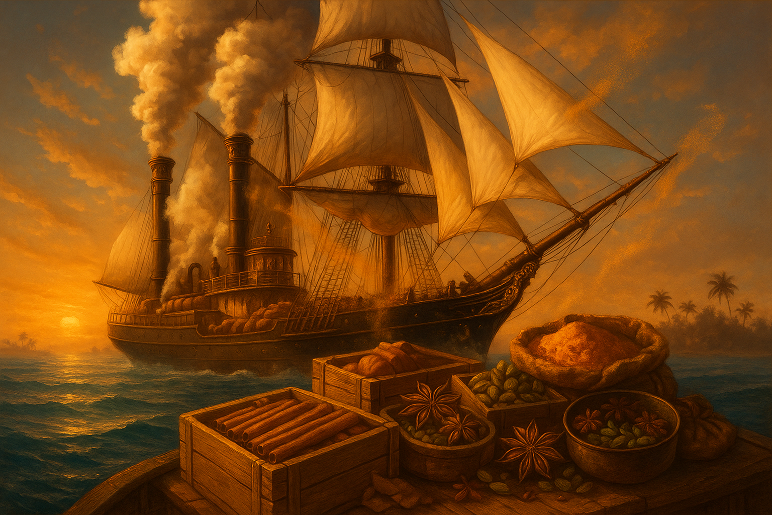 a ship/steam-inspired image evoking spice trade routes.