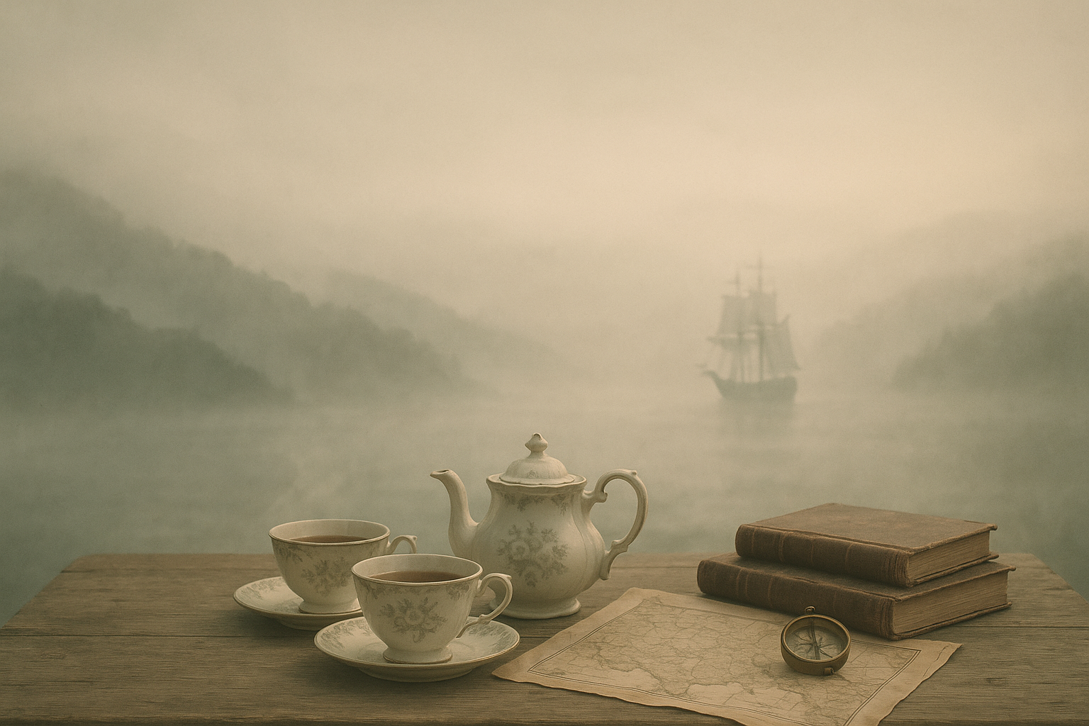 a tea scene, foggy hills, or antique voyage imagery with negative space for text