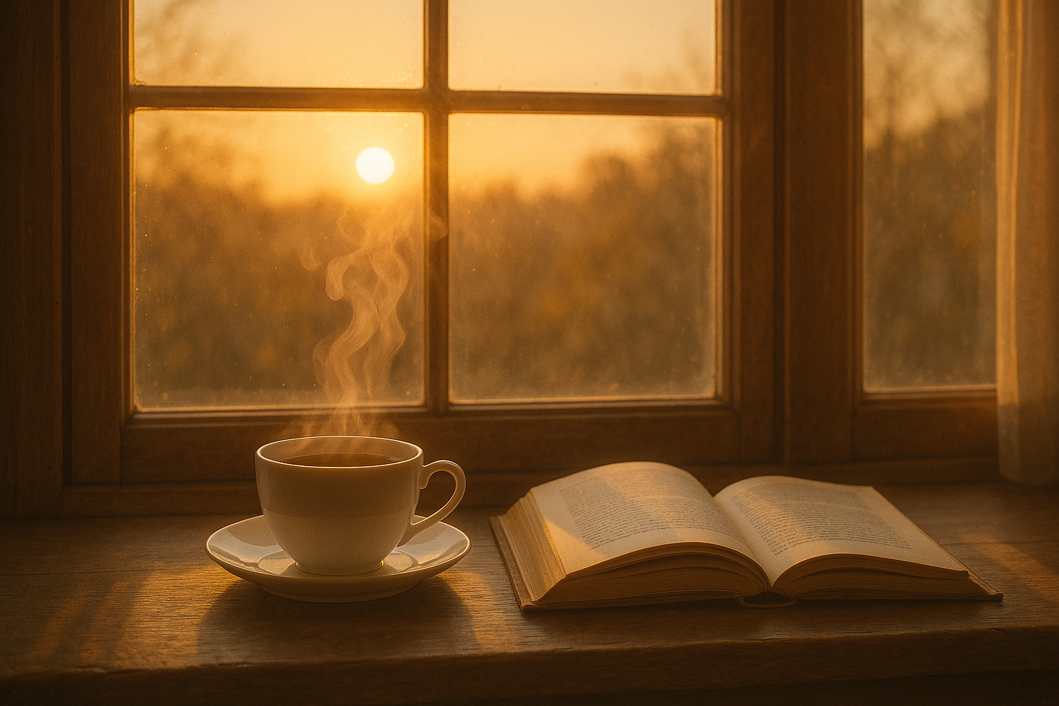 A warm sunrise scene with a cup of tea near a book or window — evokes quiet reflection.