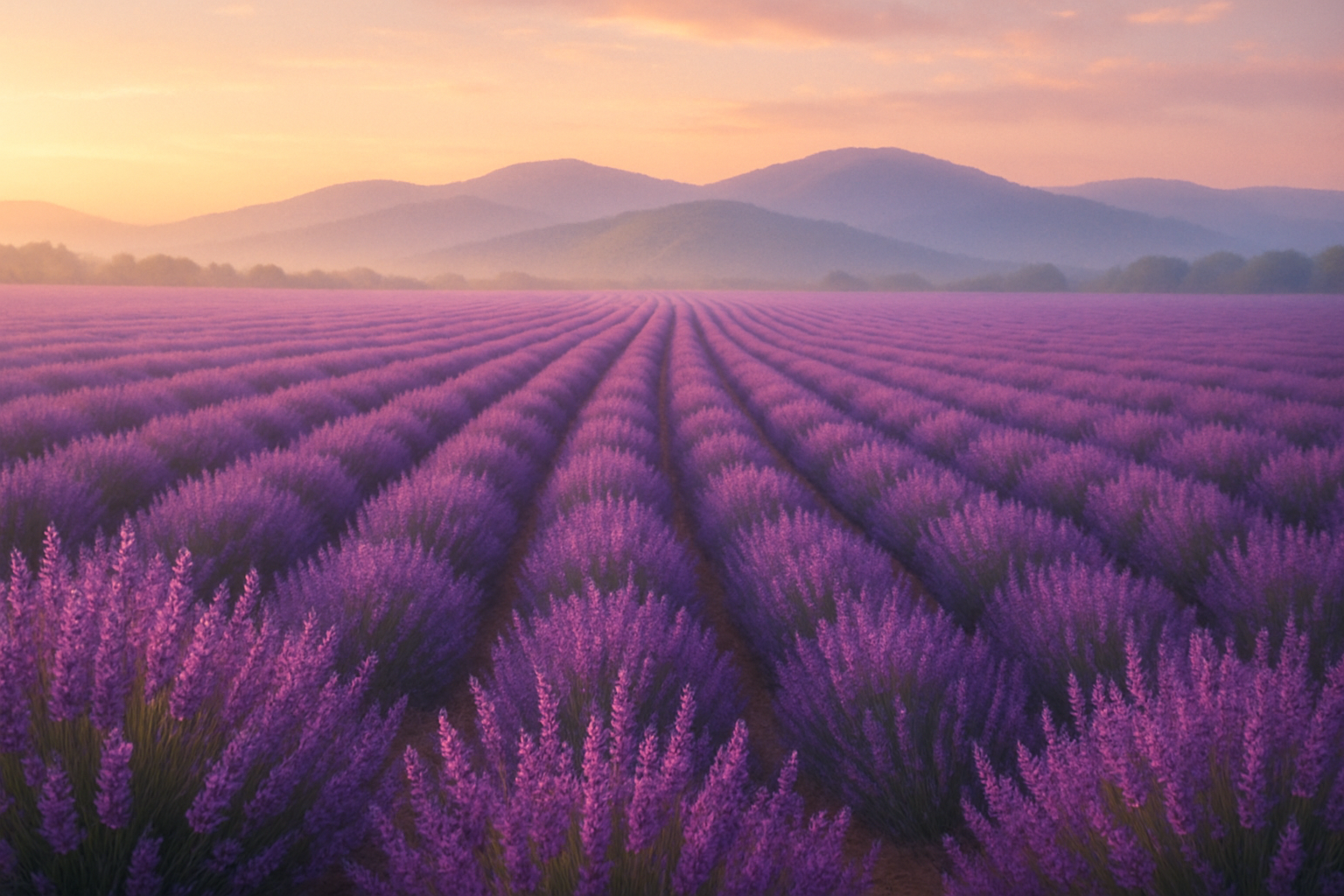 An evocative shot — lavender fields blending into distant hills