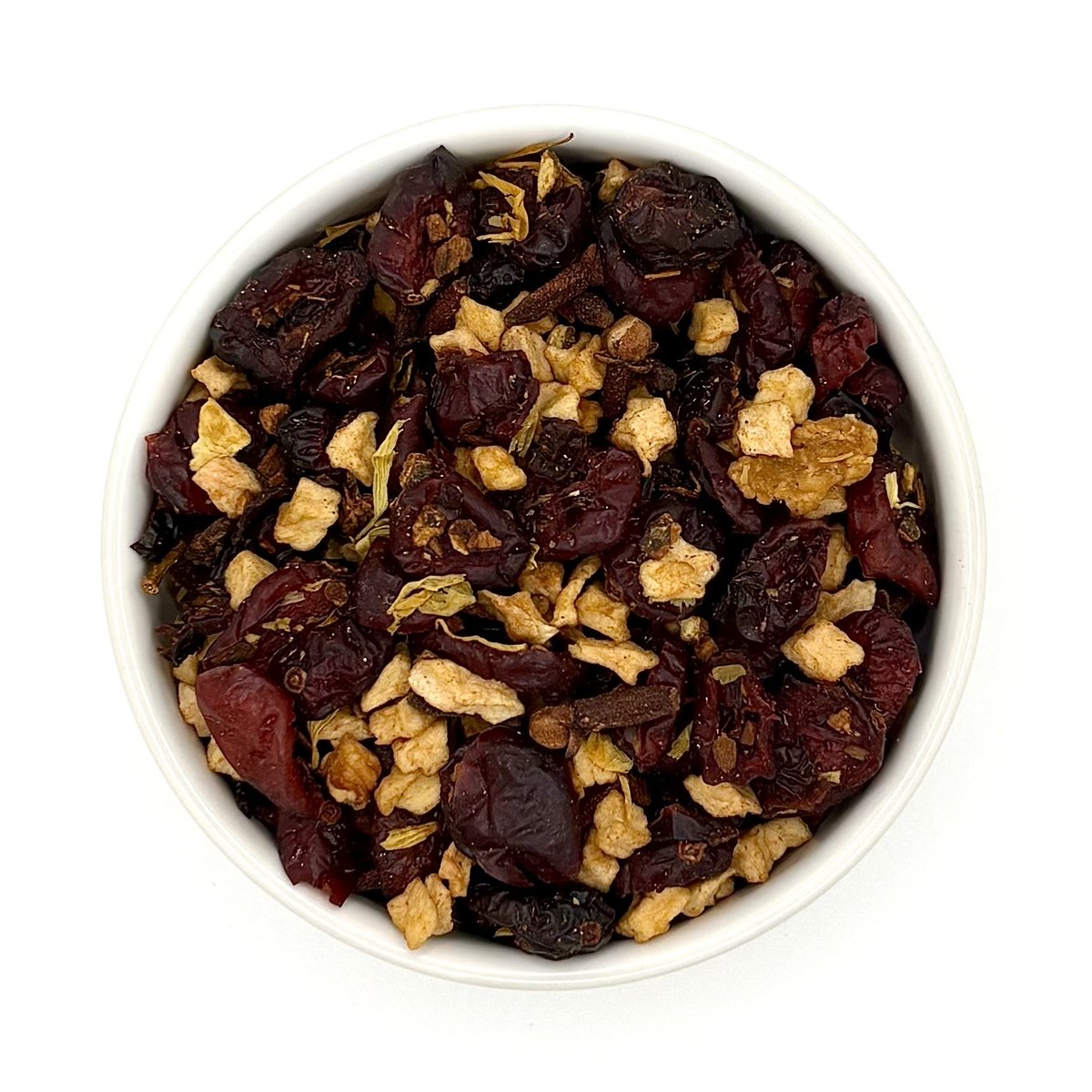 Top view of Organic Autumn Fruit and Flowers loose leaf tea in bowl