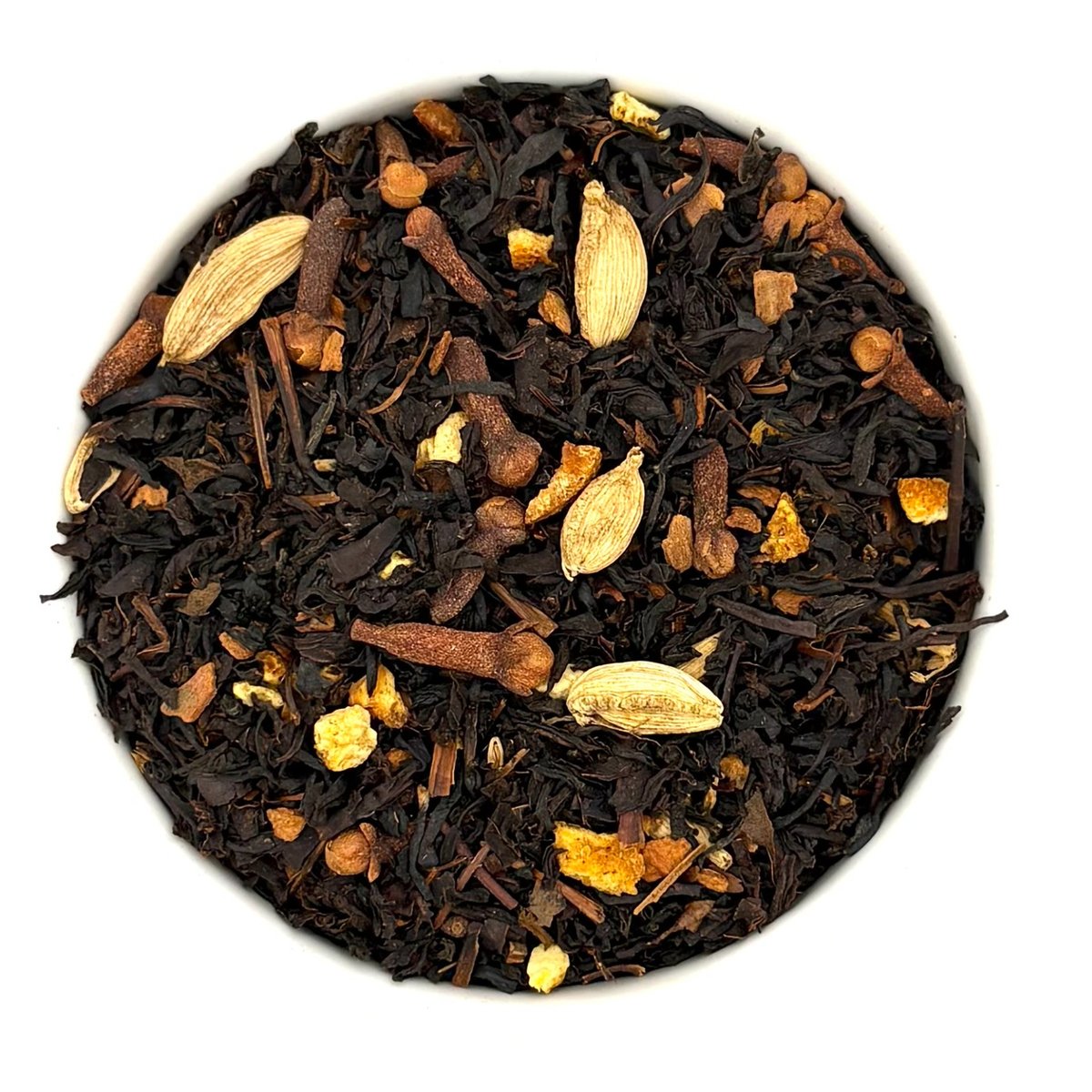Top view of Organic Classic Chai black tea with spices in bowl