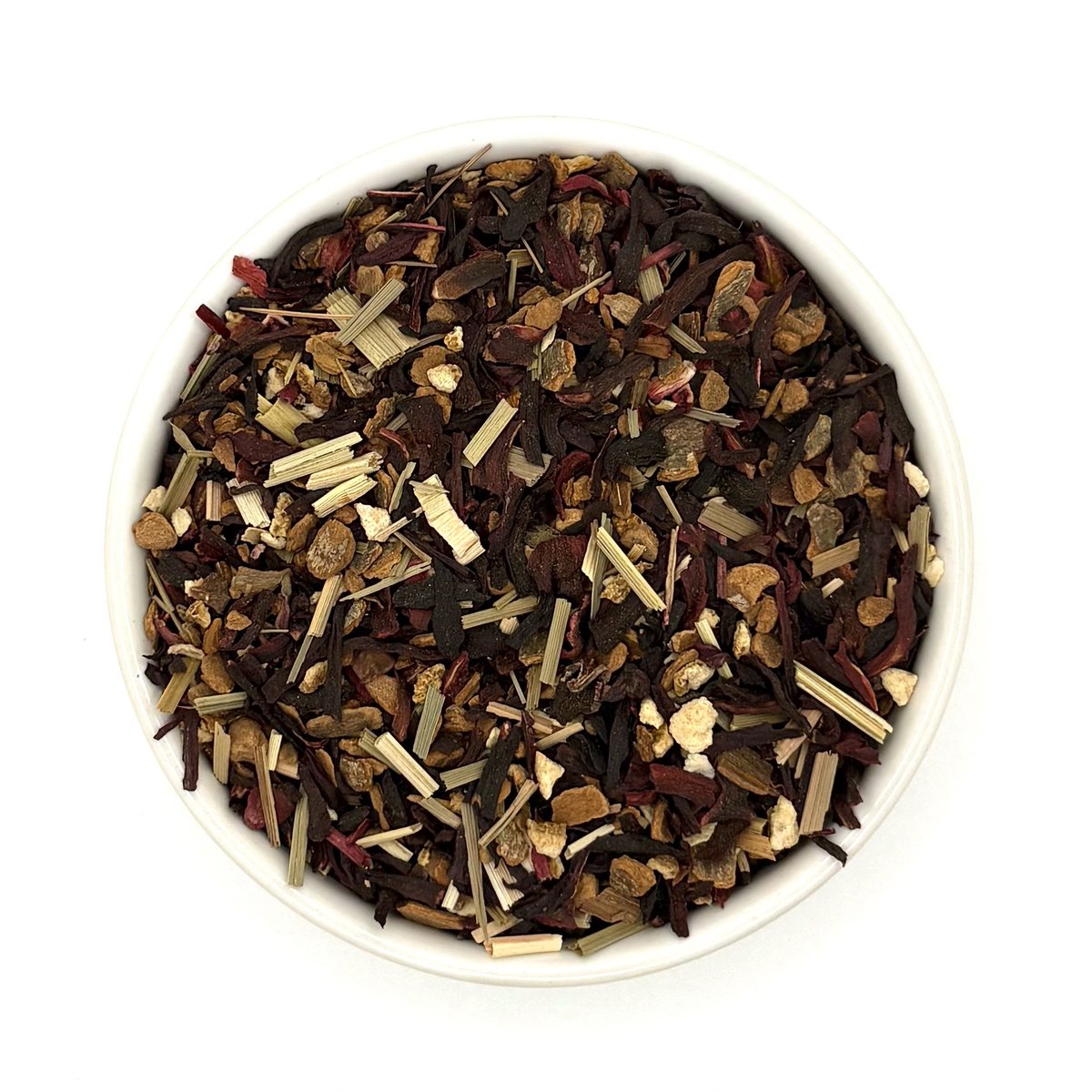 Top view of Organic Herbal Seasons loose leaf tea in bowl