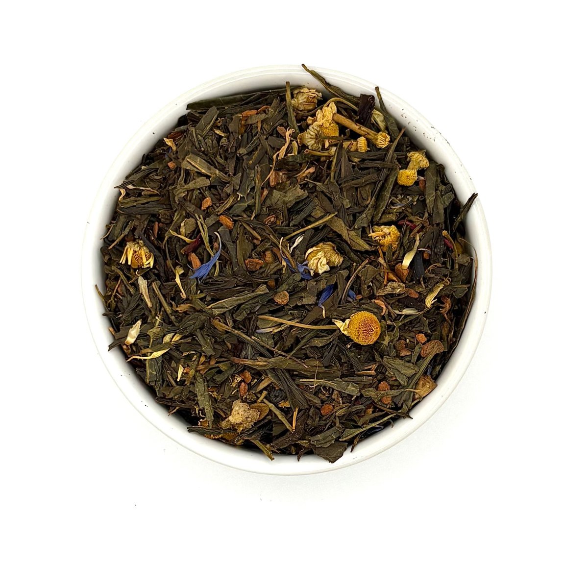 Top view of Green Tea Garden tea blend showcasing chamomile, cornflowers, cinnamon, and green tea