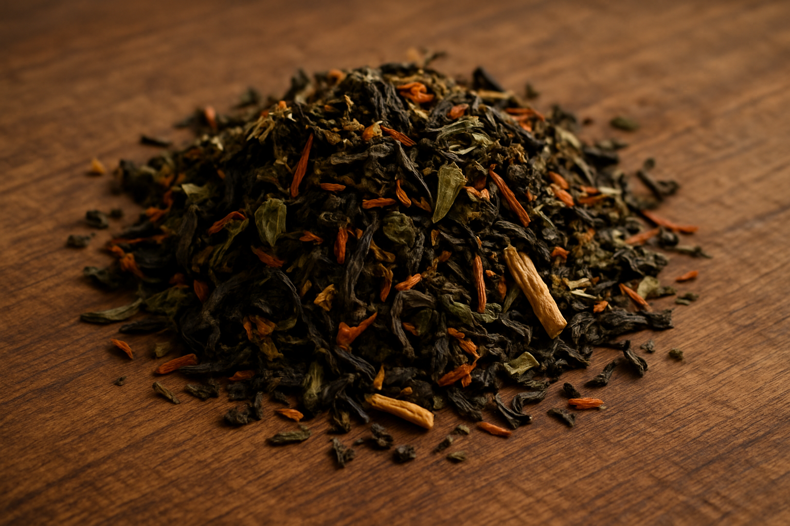 pile of tea leaves on a table. specifically energy teas