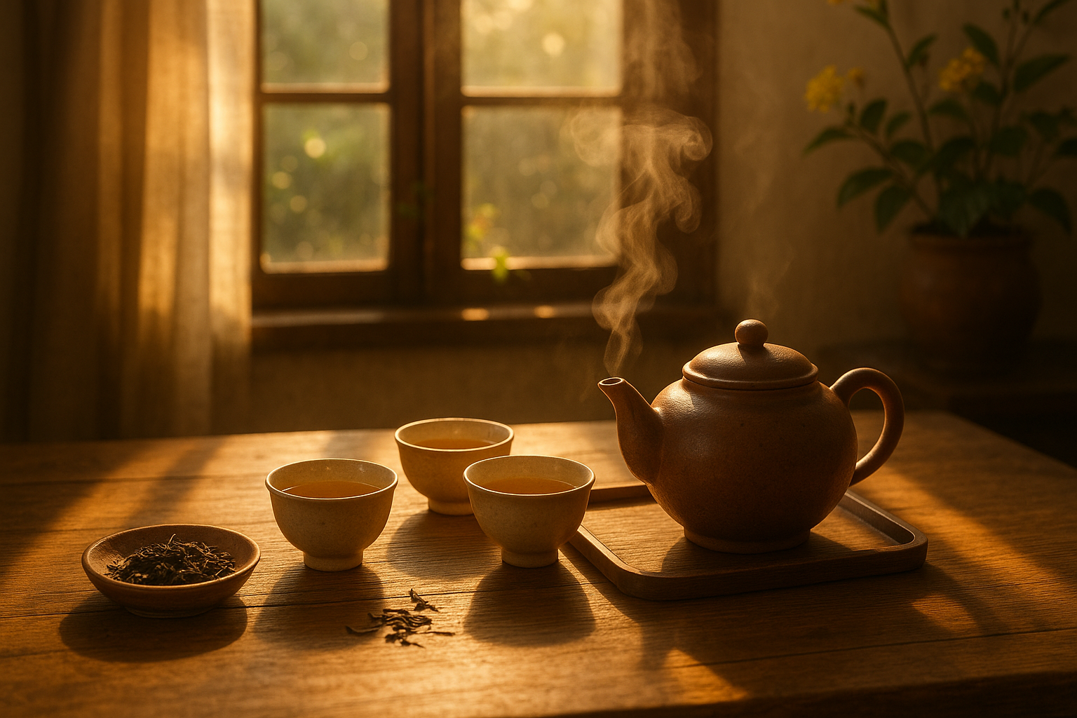 Tea ritual scene with warm morning light